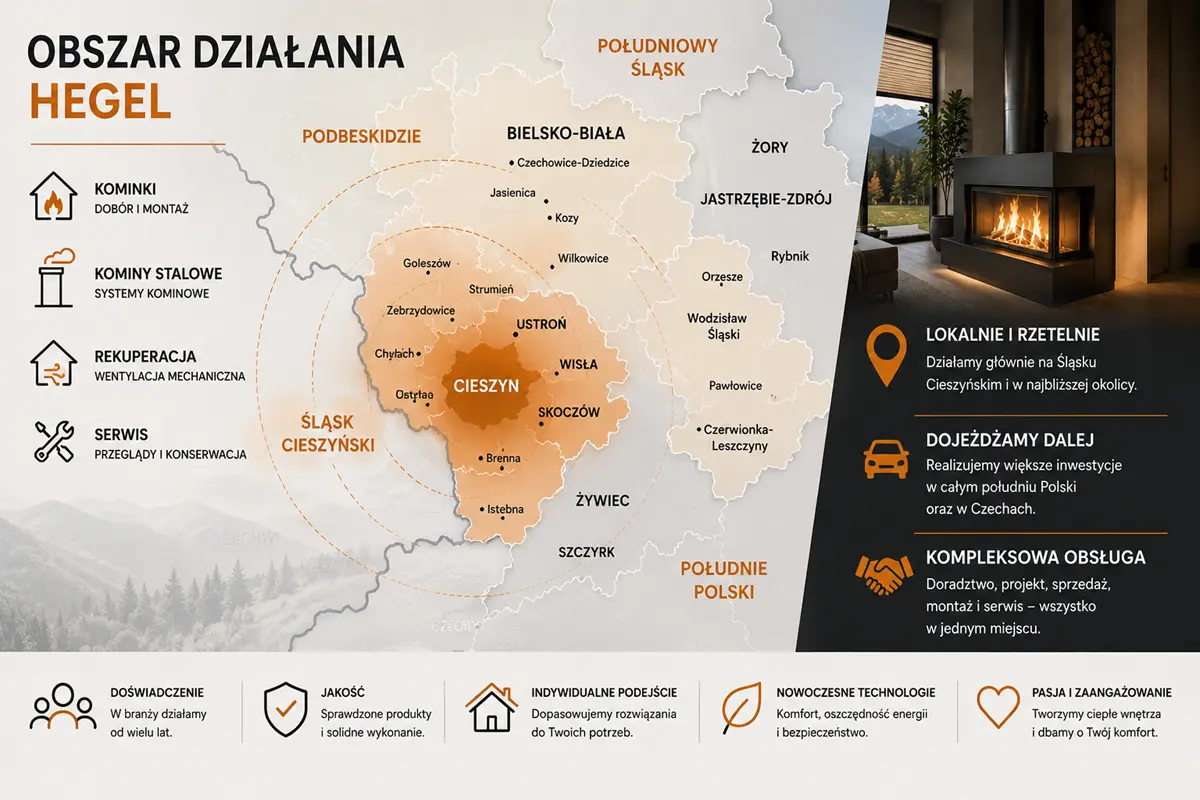 Obszar działania HEGEL - kominki, kominy stalowe i rekuperacja na Śląsku Cieszyńskim